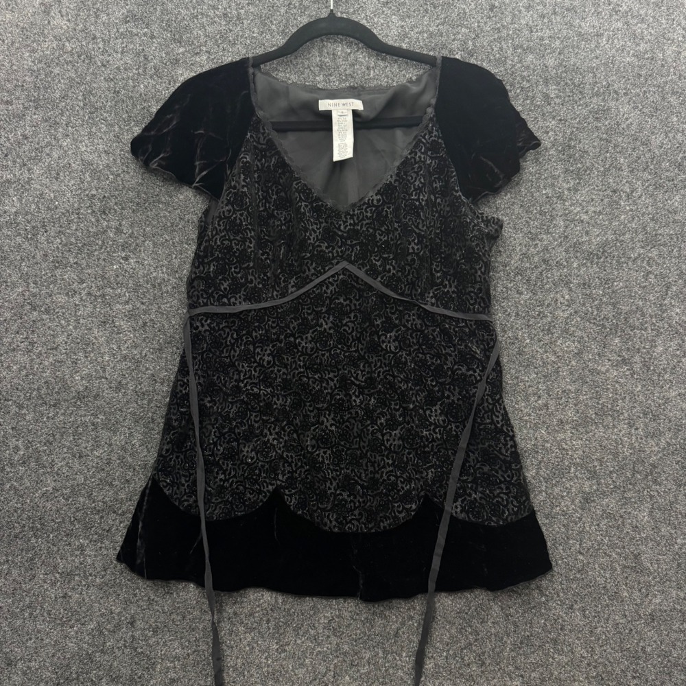 Nine West Vintage Silk Burnout Velvet Blouse Black Metallic Devore V-Neck Top 8